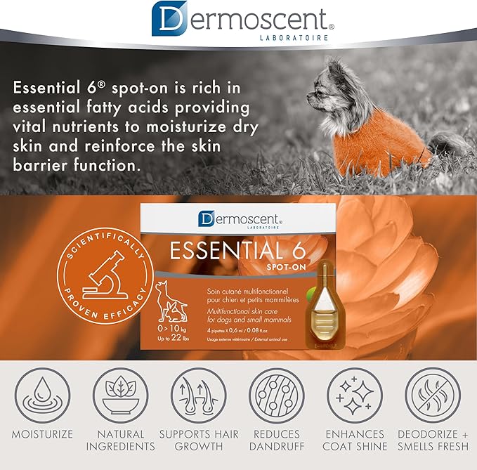 Dermoscent Essential 6 spot-on - Dog Skin Care for Dandruff & Allergy Relief with Vitamin E Oil - Anti Itch for Dogs - Dog & Small Mammals 0-10 kg - 4 Pipettes of 0.6 ml Dermoscent