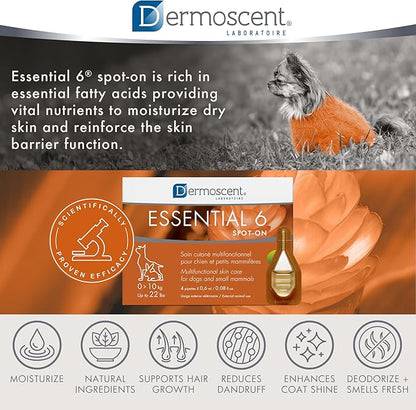 Dermoscent Essential 6 spot-on - Dog Skin Care for Dandruff & Allergy Relief with Vitamin E Oil - Anti Itch for Dogs - Dog & Small Mammals 0-10 kg - 4 Pipettes of 0.6 ml Dermoscent