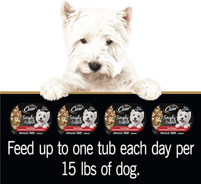 CESAR SIMPLY CRAFTED Adult Soft Wet Dog Food Meal Topper Beef, Chicken, Purple Potatoes, Green Beans & Red Rice, 1.3 oz. Tubs, (Pack of 10) - PAWPICO