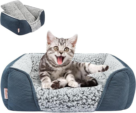 Miguel Washable Cat Beds for Indoor Cats with Removable Cushion, Easy to Wash Small Pet Sofa Bed with Side, Rectangle Bolster Kitten Bed Calming Cuddle Puppy Bed with Anti-Slip Bottom, Blue 18 Inch - PAWPICO