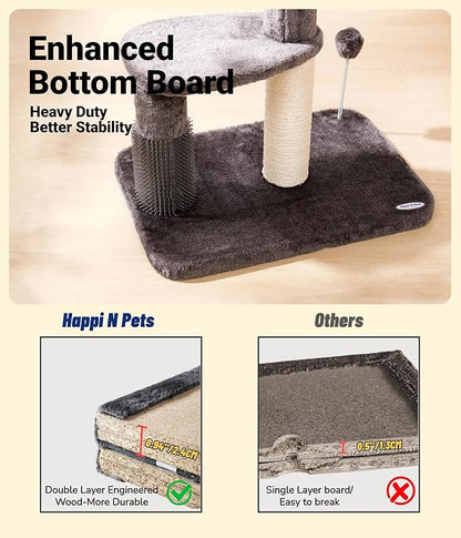 Happi N Pets 34“ Tall Cat Scratching Post for Big Cats, Natural Sisal Cat Scratchers for Indoor Cats, Heavy Duty Cat Stands Featuring with Cat Self Groomer and Hanging Toys, Free Catnip-Gray - PAWPICO