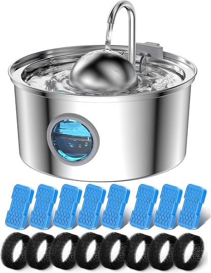AONBOY Cat Water Fountain with 16 Filters, 108oz/3.2L Cat Fountain Stainless Steel, Includes 8 Carbon Filters and 8 Sponge Filters, Faucet Shape Dog Water Fountain, Double Noise Reduction Design - PAWPICO