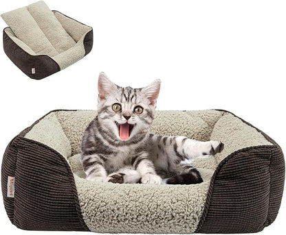 Miguel Washable Cat Beds for Indoor Cats with Removable Cushion, Easy to Wash Small Pet Sofa Bed with Side, Rectangle Bolster Kitten Bed Calming Cuddle Puppy Bed with Anti-Slip Bottom, Brown 18 Inch - PAWPICO