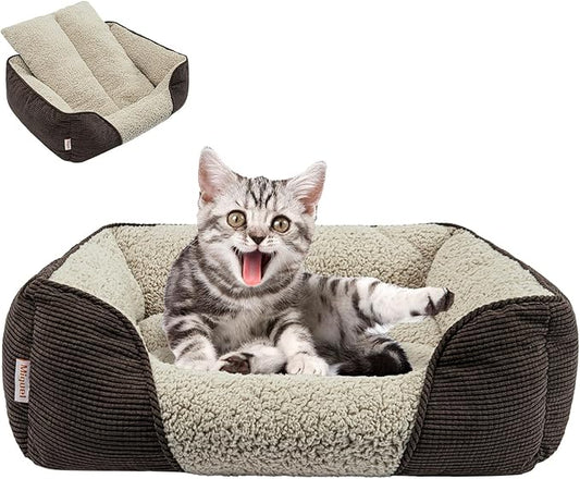 Miguel Washable Cat Beds for Indoor Cats with Removable Cushion, Easy to Wash Small Pet Sofa Bed with Side, Rectangle Bolster Kitten Bed Calming Cuddle Puppy Bed with Anti-Slip Bottom, Brown 18 Inch - PAWPICO