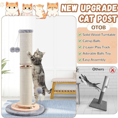 OTOB 32" Tall Cat Scratching Post, 4.3Inch Large Diameter Natural Sisal Rope Scratcher Post for Indoor Large Cats Kittens, 5-in-1 Interactive Turntable Cat Scratch Post (Gray, B-33Inch) - PAWPICO