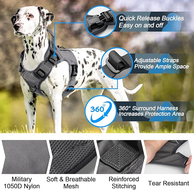WINGOIN Grey Harness with Handle, Metal Buckles Tactical Dog Harness Vest for Large Medium Dogs No Pull Adjustable Reflective K9 Military Dog Vest Harnesses for Walking, Hiking, Training(M) - PAWPICO