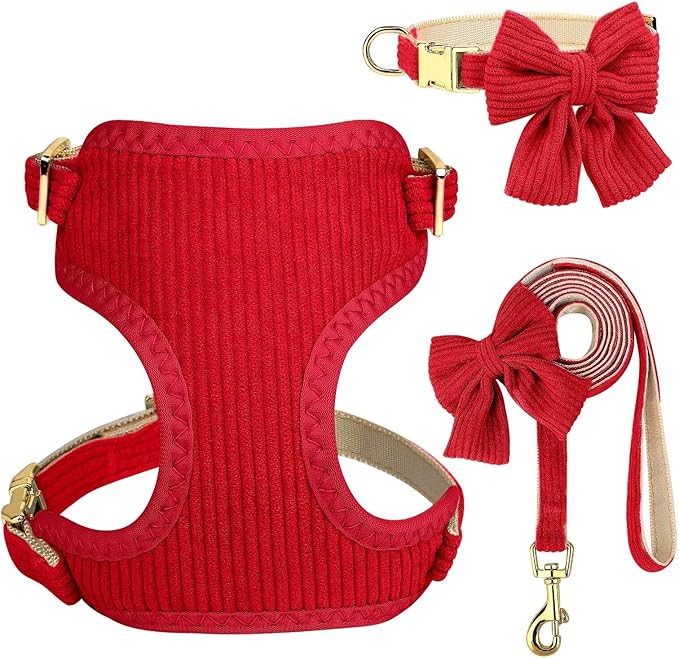Didog Cute Small Dog Harness Collar & Leash Set, Adjustable Dog Collars and Leashes with Bowtie, Breathable Soft Mesh Padded Dog Vest for Puppies Small Dogs Walking, Red, M Didog