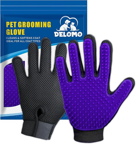 Upgrade Version Pet Grooming Glove - Gentle Deshedding Brush Glove - Efficient Pet Hair Remover Mitt - Enhanced Five Finger Design - Perfect for Dog & Cat with Long & Short Fur - 1 Pair (Purple) - PAWPICO