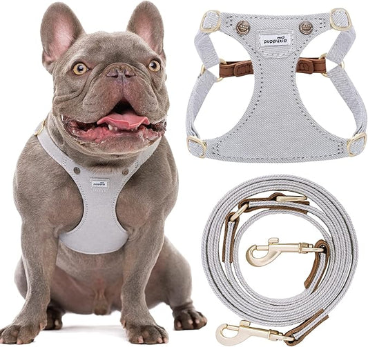 Puppytie No Pull Dog Harness with Multifunction Dog Leash,Soft Adjustable No Choke Escape Proof Pet Harness Vest for Medium Dogs,Denim Gray,M Puppytie