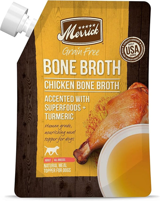 Merrick Grain Free Bone Broth, Premium Human Grade And Gluten Free Dog And Cat Food Topper Pouches, Chicken - 16 oz. Pouch - PAWPICO