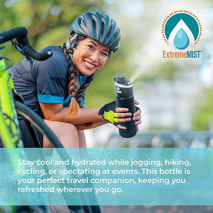 Extreme MIST - GoMist Misting & Drinking Bottle - Personal Mister - Cooling Water Bottle w/Easy-Drink Spout - Stainless-Steel Double Wall Insulated - Portable Mist Bottle - Midnight Black, 25oz/750ml ExtremeMist