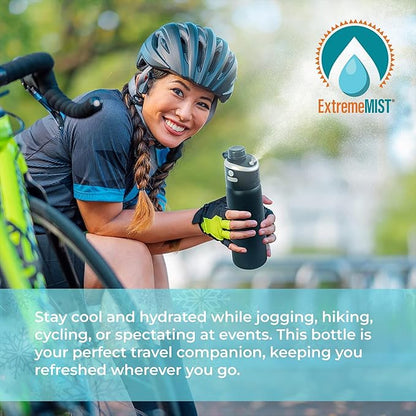 Extreme MIST - GoMist Misting & Drinking Bottle - Personal Mister - Cooling Water Bottle w/Easy-Drink Spout - Stainless-Steel Double Wall Insulated - Portable Mist Bottle - Midnight Black, 25oz/750ml ExtremeMist