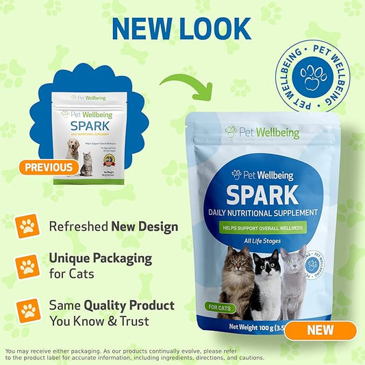 Pet Wellbeing Spark Daily Nutritional Greens Superfood for Cats - Probiotics, Prebiotics, Digestive Enzymes, Amino Acids, Antioxidants, Vitamin D, Spirulina - Veterinarian-Formulated 3.53 oz (100 g) PetWellbeing