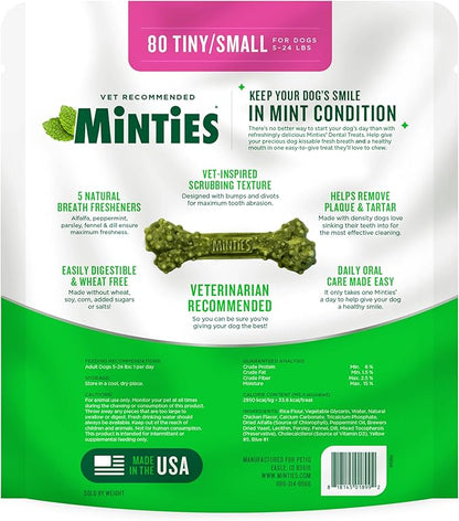 Minties Dental Chews for Dogs, 80 Count, Vet-Recommended Mint-Flavored Dental Treats for Tiny/Small Dogs 5-24 lbs, Dental Bones Clean Teeth, Fight Bad Breath, and Removes Plaque and Tartar Minties