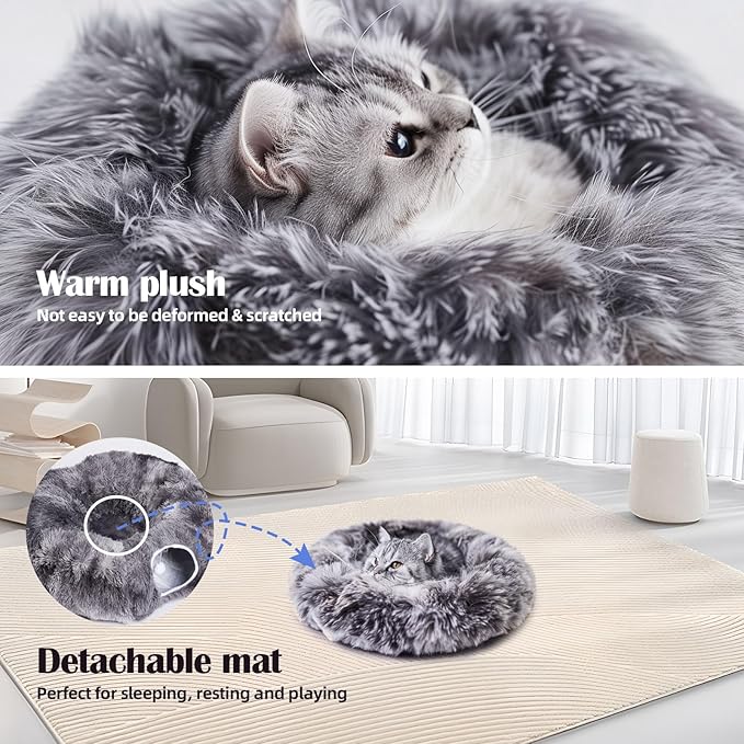 Odoland Cat Tunnels for Indoor Cats with Fluffy Plush Central Cat Couch and 20 Cat Toys, Tunnel Bed for Cats with Hanging Ball, Detachable Soft Mat and Variety Kitty Toy Set, Grey - PAWPICO