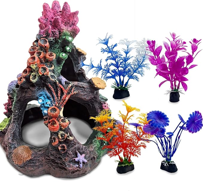 PINVNBY 5 PCS Colorful Coral Fish Tank Decorations, Resin Mountain Ornament and Artificial Plastic Plant for Goldfish Betta Fish Cave Hideout Sleep Rest Play Breed PINVNBY