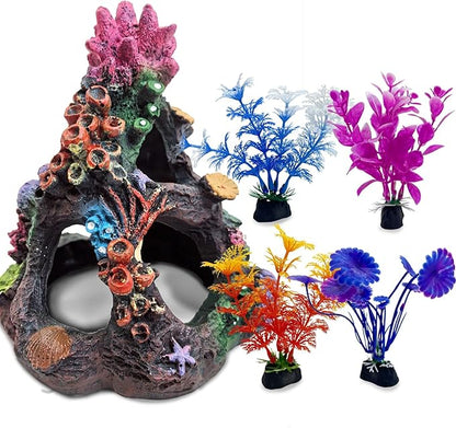 PINVNBY 5 PCS Colorful Coral Fish Tank Decorations, Resin Mountain Ornament and Artificial Plastic Plant for Goldfish Betta Fish Cave Hideout Sleep Rest Play Breed PINVNBY