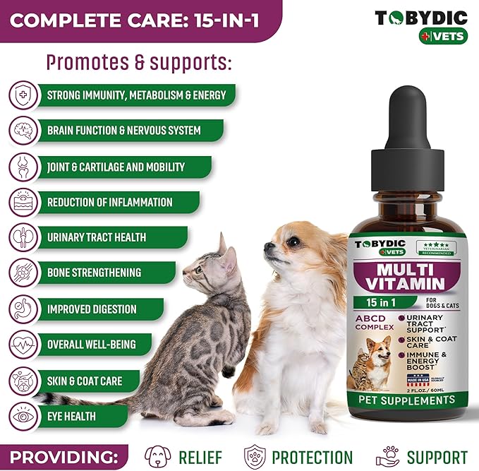 Cat & Dog Multivitamin -15 in 1 Pet Supplements with Cranberry & Glucosamine - Natural Medicine & Support for UTI, Urinary Tract, Bladder, Kidney, Skin Coat, Joints Treatment Made in USA TOBYDIC