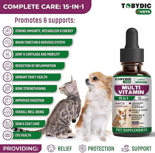 Cat & Dog Multivitamin -15 in 1 Pet Supplements with Cranberry & Glucosamine - Natural Medicine & Support for UTI, Urinary Tract, Bladder, Kidney, Skin Coat, Joints Treatment Made in USA TOBYDIC