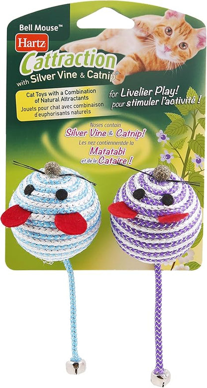 Hartz Cattraction Bell Mouse Cat Toy with Two Silver Vine & Catnip Sisal Mice - 2 Pack, All Breed Sizes - PAWPICO