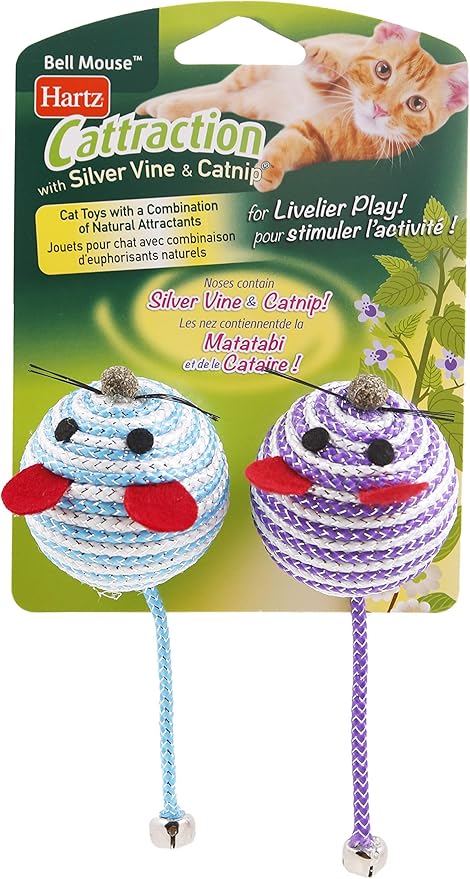 Hartz Cattraction Bell Mouse Cat Toy with Two Silver Vine & Catnip Sisal Mice - 2 Pack, All Breed Sizes - PAWPICO