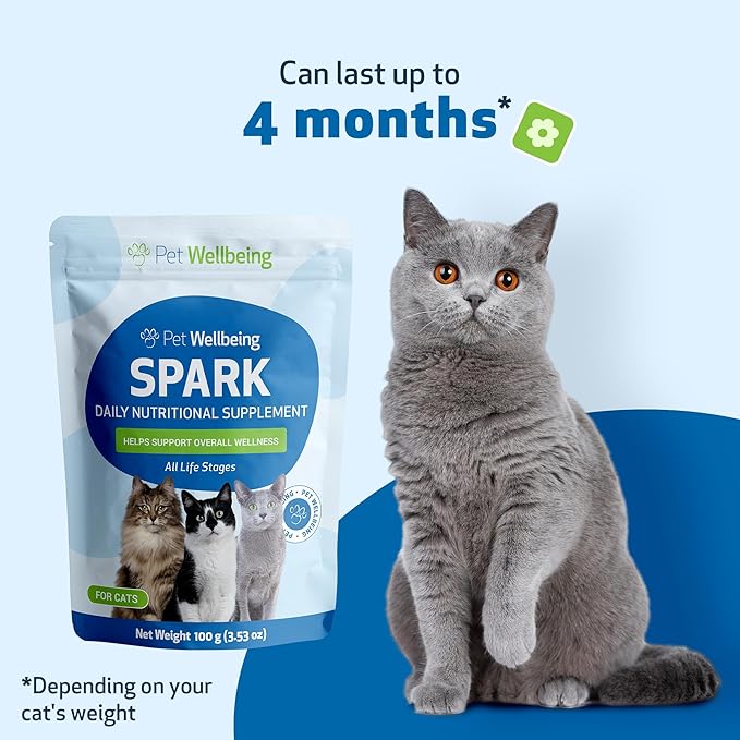 Pet Wellbeing Spark Daily Nutritional Greens Superfood for Cats - Probiotics, Prebiotics, Digestive Enzymes, Amino Acids, Antioxidants, Vitamin D, Spirulina - Veterinarian-Formulated 3.53 oz (100 g) PetWellbeing