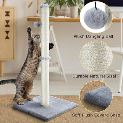 Dimaka 29" Height Tall Cat Scratching Post, Claw Scratcher with Sisal Rope and Covered with Soft Smooth Plush, Vertical Scratch [Full Strectch] for Standard Size Cats (Grey, 29 inches) - PAWPICO