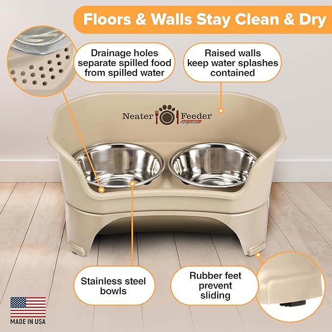 Neater Feeder - Express Model - Mess-Proof Dog Bowls (Medium/Large, Almond) – Made in USA – Elevated, No Spill, Non-Tip, Non-Slip, Raised Stainless Steel Food & Water Pet Bowls - PAWPICO