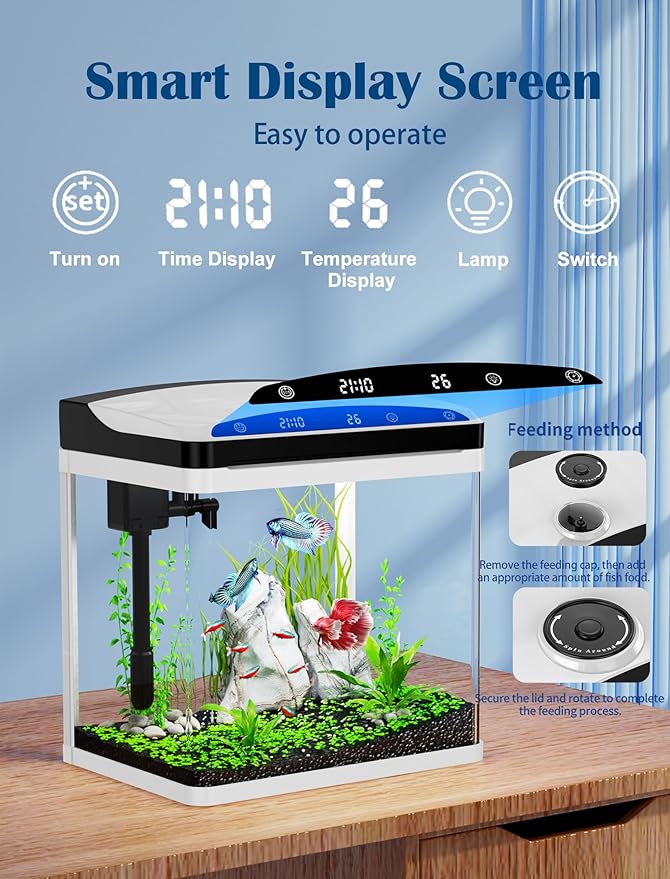 Fish Tank, Aquarium Fish Tank 3 Gallon with SmartClean Technology, 7 Color Light, Temperature Display for Betta Shrimp Guppy Jellyfish Goldfish PAWPICO