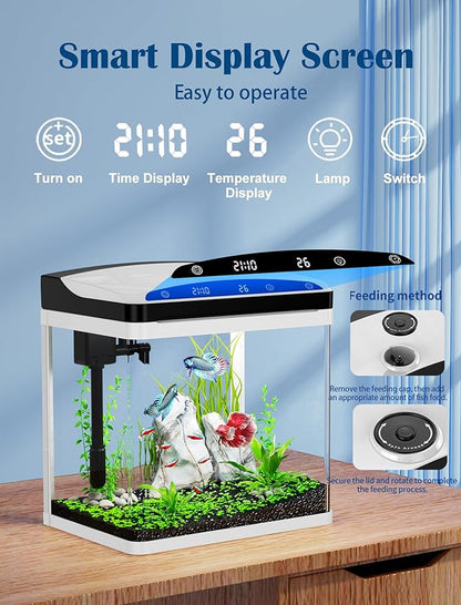 Fish Tank, Aquarium Fish Tank 3 Gallon with SmartClean Technology, 7 Color Light, Temperature Display for Betta Shrimp Guppy Jellyfish Goldfish PAWPICO