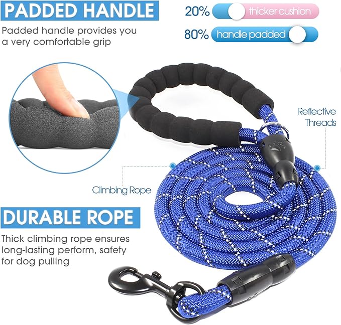 BAAPET 2/4/5/6 FT Dog Leash with Comfortable Padded Handle and Highly Reflective Threads for Small Medium and Large Dogs (6FT-1/2'', Navy Blue) BAAPET