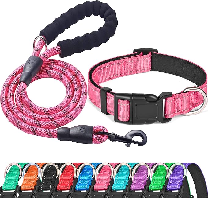 Reflective Dog Collar Padded with Soft Neoprene Breathable Adjustable Nylon Dog Collars for Small Medium Large Dogs (X-Small (Pack of 1), Pink Collar+Leash) ladoogo