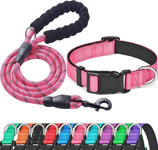 Reflective Dog Collar Padded with Soft Neoprene Breathable Adjustable Nylon Dog Collars for Small Medium Large Dogs (Large (Pack of 1), Pink Collar+Leash) ladoogo