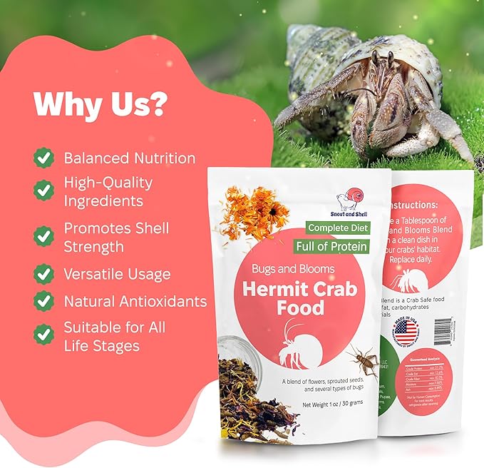 Snout and Shell - Bugs and Blooms Hermit Crab Food - 1 oz - 30 Grams - Whole Food Diet for Hermit Crabs - Seeds, Bugs and More SNOUTANDSHELL