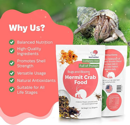Snout and Shell - Bugs and Blooms Hermit Crab Food - 1 oz - 30 Grams - Whole Food Diet for Hermit Crabs - Seeds, Bugs and More SNOUTANDSHELL