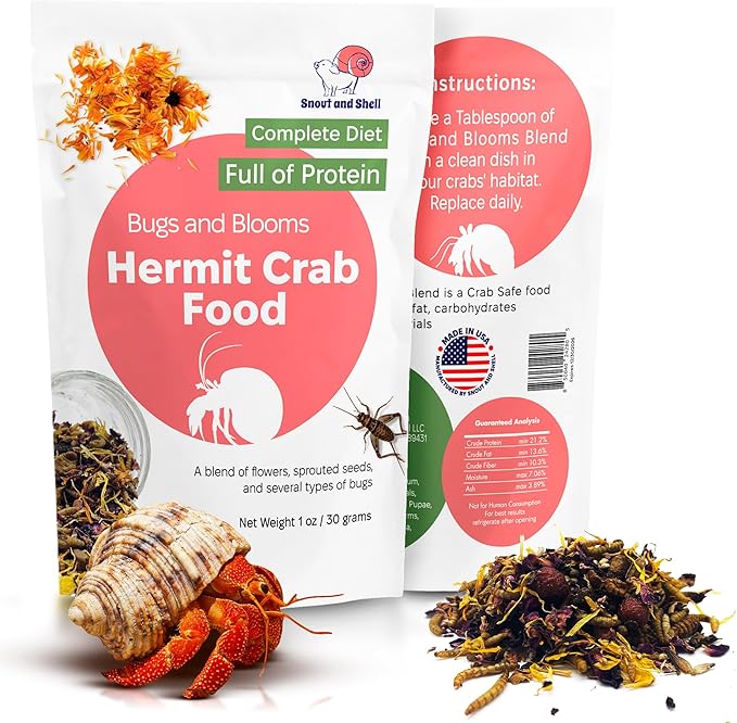 Snout and Shell - Bugs and Blooms Hermit Crab Food - 1 oz - 30 Grams - Whole Food Diet for Hermit Crabs - Seeds, Bugs and More SNOUTANDSHELL