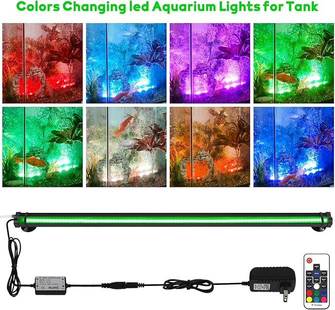 Submersible Aquarium Bubbler Light 20 Inch: Fish Tank Light with Air Bubble Hole - RGB Color Changing Brightness Adjustable IP68 Waterproof Remote Control LED Light for Large Aquarium Fish Tank SZMINILED