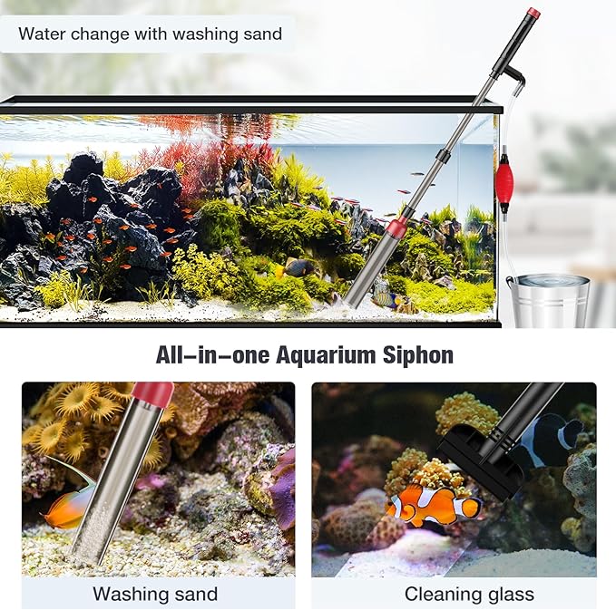 Aquarium Siphon Vacuum Cleaner: 4 in 1 Manual Fish Tank Vacuum Cleaning Tools for Water Change, Sand Cleaning and Remove Dirt, Fish Tank Cleaner Vacuum with Adjustable Length Suness
