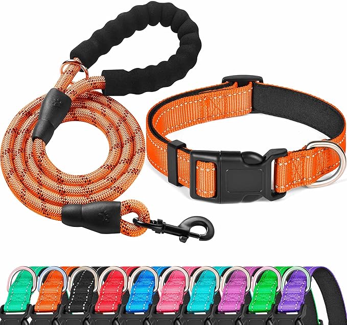 Reflective Dog Collar Padded with Soft Neoprene Breathable Adjustable Nylon Dog Collars for Small Medium Large Dogs (Large (Pack of 1), Orange Collar+Leash) ladoogo