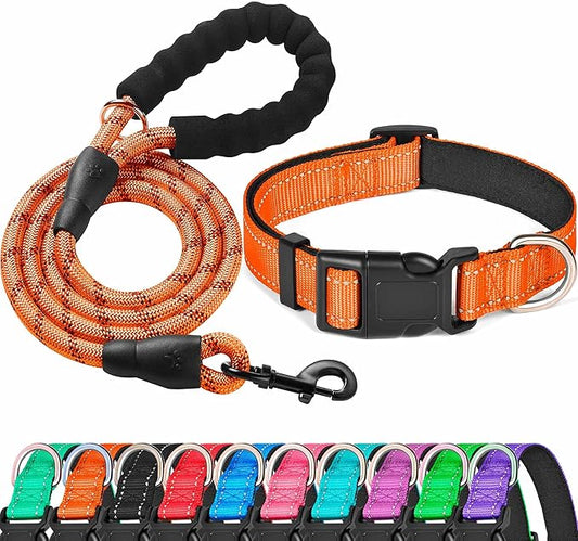 Reflective Dog Collar Padded with Soft Neoprene Breathable Adjustable Nylon Dog Collars for Small Medium Large Dogs (Large (Pack of 1), Orange Collar+Leash) ladoogo