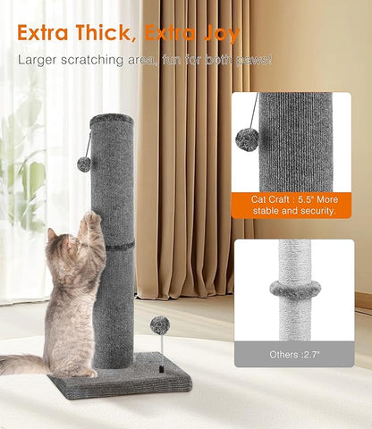 Carpet Craft Cat Scratching Post Heavy Duty for Indoor Large Cats and Adult Cats,Tall and Thicked Carpet Cat Scratcher Furniture Protector Cat Tree Tower with Interactivity Balls,Grey - PAWPICO