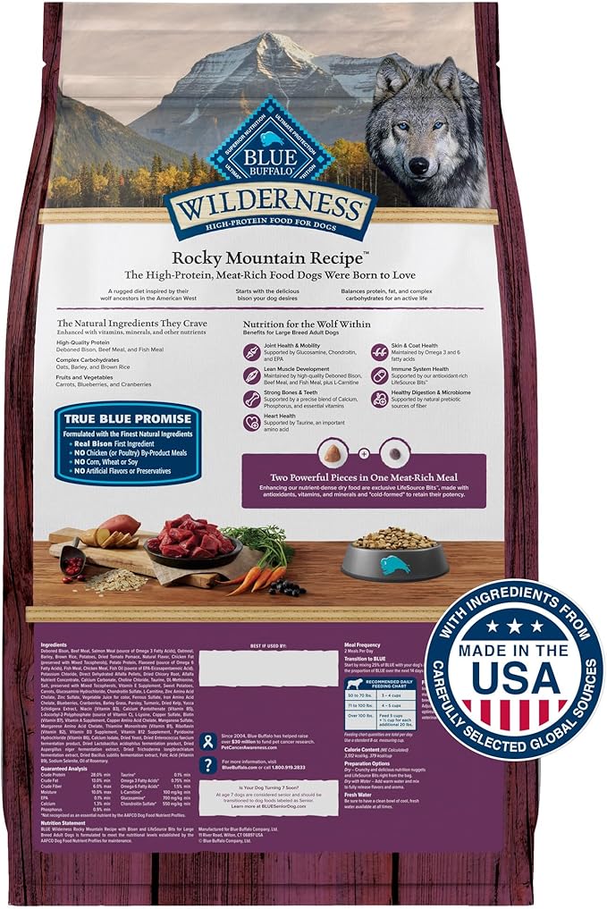 Blue Buffalo Wilderness Rocky Mountain Recipe Natural High-Protein Dry Food for Large Breed Dogs, Bison & Grain, 28-lb bag - PAWPICO