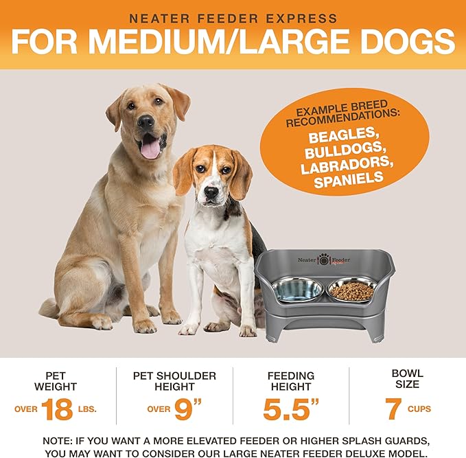 Neater Feeder - Express Model - Mess-Proof Dog Bowls (Medium/Large, Gunmetal Grey) – Made in USA – Elevated, No Spill, Non-Tip, Non-Slip, Raised Stainless Steel Food & Water Pet Bowls - PAWPICO