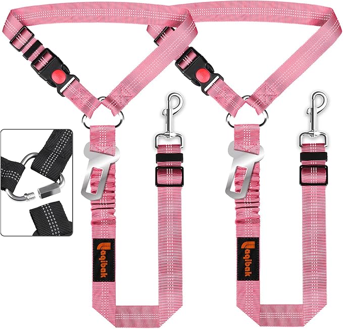 Removable Dog Seat Belt Harness for Car, 3 in 1 Pet Dog Car Seatbelt Leash, Retractable Restraint Secures to Vehicle Headrest & Adjustable Reflective Bungee Dog Seatbelt Tether, Pink laqibakProductcollection