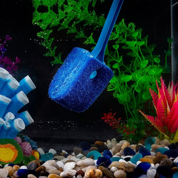 SLSON Aquarium Algae Scraper Double Sided Sponge Brush Cleaner Long Handle Fish Tank Scrubber for Glass Aquariums and Home Kitchen,15.4 inches SLSON