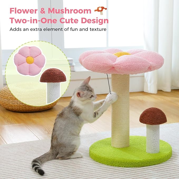 PETEPELA Cat Scratching Post, Mushroom Cat Scratcher Cute Cat Tree Tower with Thick Scratching Post & Removable Flower Cat Bed [Dia=15.7''], Tall Cat Post for Kittens and Indoor Small Cats, Pink - PAWPICO
