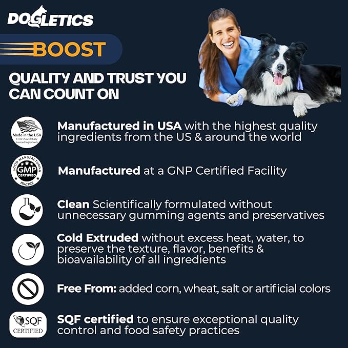 Boost Active Dog Support: Improve Energy, Endurance, Recovery & Longevity- 90ct USA Made with Real Bacon Dogletics