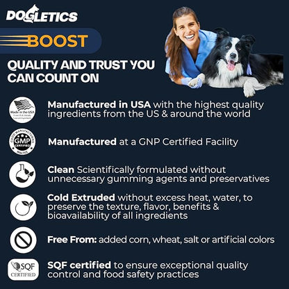 Boost Active Dog Support: Improve Energy, Endurance, Recovery & Longevity- 90ct USA Made with Real Bacon Dogletics
