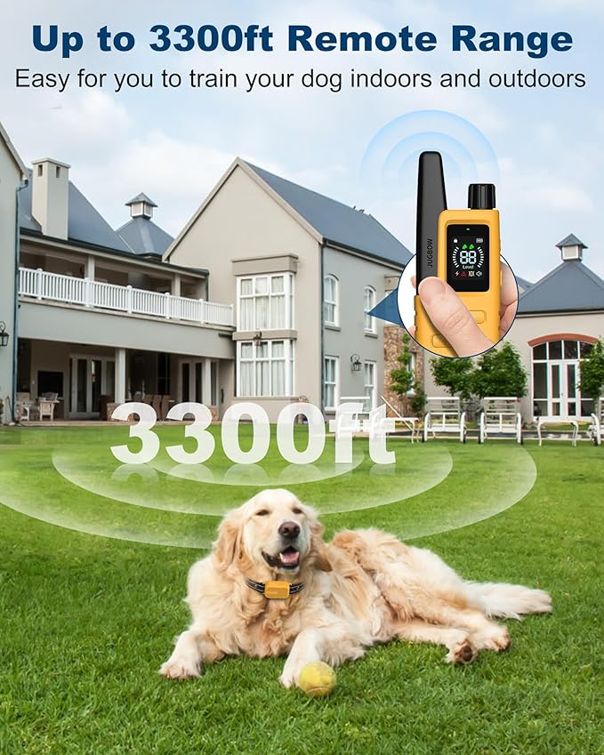 Jugbow Dog Shock Collar - 3300FT Dog Training Collar with Remote IPX7 Waterproof Electric Collar with 4 Training Modes, Security Lock, Rechargeable e-Collar for All Breeds, Sizes Yellow FollowJugbowtoGetSurprise