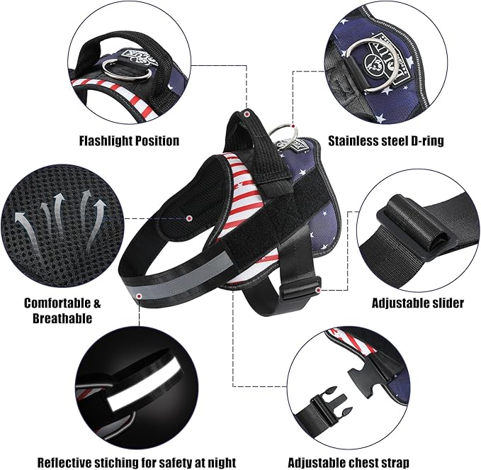Bolux Dog Harness, No-Pull Reflective Dog Vest, Breathable Adjustable Pet Harness with Handle for Outdoor Walking - No More Pulling, Tugging or Choking (Flag, XS) Bolux